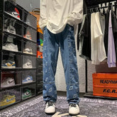 Men Jeans Retro Patchwork Jacquard Jeans Casual Pants